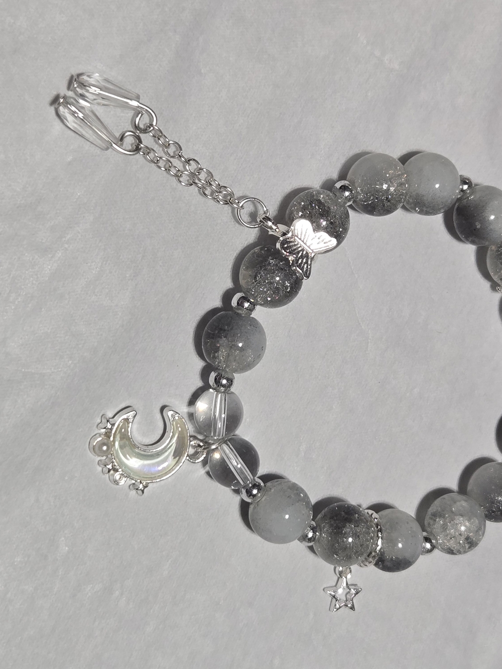 10mmCelestial Gray Beaded Bracelet with Silver Moon & Star Charms - For 1